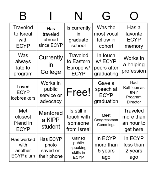 ECYP Alumni Social Gathering Bingo Card