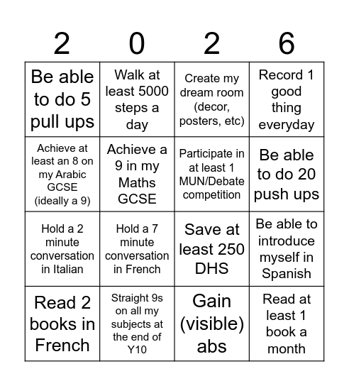 2026 goals Bingo Card