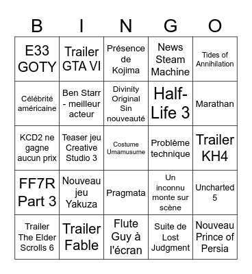 Game Awards 2025 Bingo Card