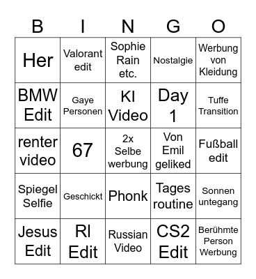 Instagram Bingo Card