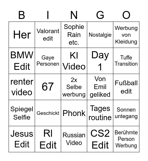 Instagram Bingo Card