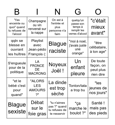 Bingo de l'angoisse, noël en famille 2025 Bingo Card