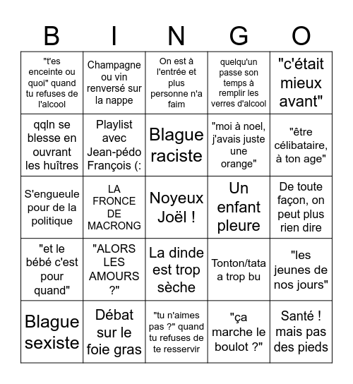 Bingo de l'angoisse, noël en famille 2025 Bingo Card