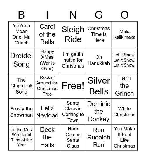 Holiday Music Bingo Card