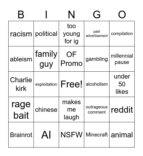 reels Bingo Card