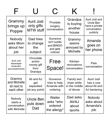 Family Dinner Bingo Card