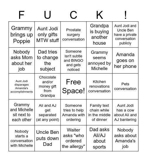 Family Dinner Bingo Card