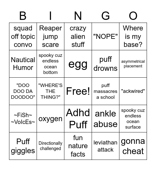 Squeek Squad Subnut Bingo Card