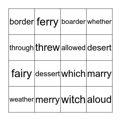 homophones  Bingo Card