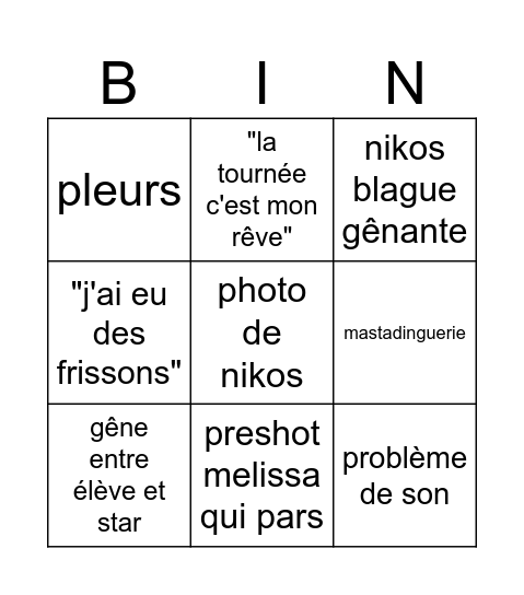 star ac prime tournée Bingo Card