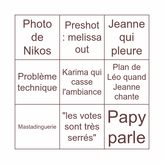 star ac prime tournée Bingo Card