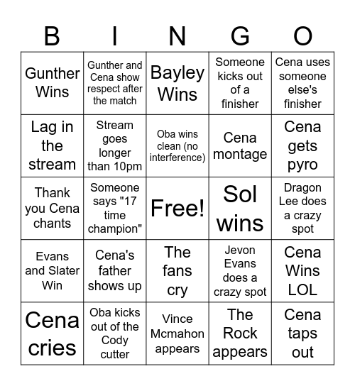 Cena's final match drunk bingo Card