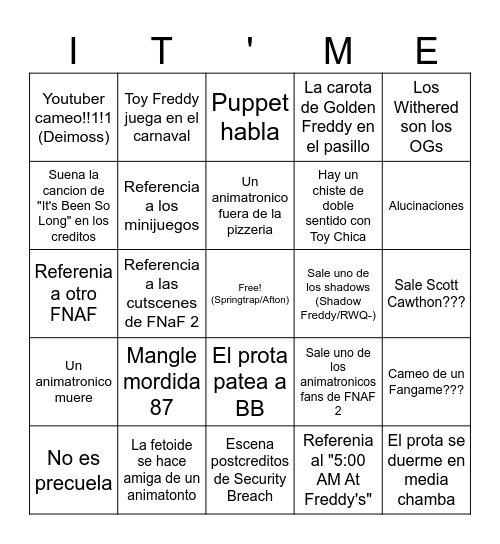 FNAF 2 Pelicula Bingo Card