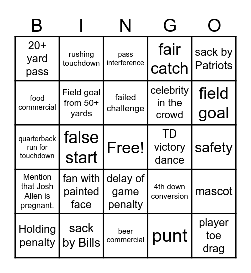 BILLS v PATRIOTS Bingo Card