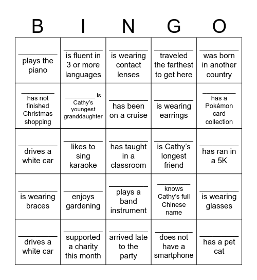 Birthday Bingo Find someone who matches a description below, using each name only once. When you get 5 in a row (horizontally, vertically, or diagonally) – it’s BINGO. All participants who achieve bingo will be entered into a raffle for prizes during ca Bingo Card