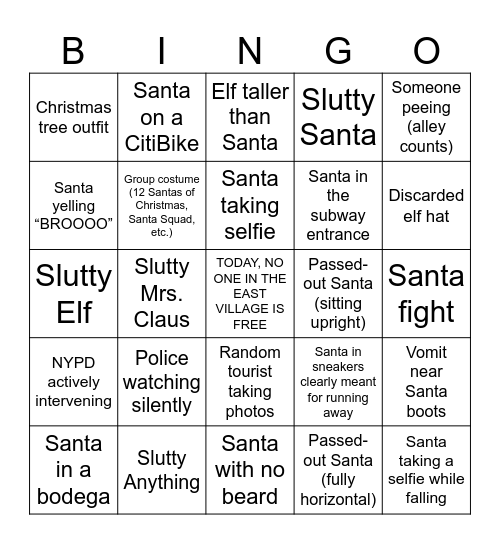 East Village SantaCon BINGO 2025 Bingo Card