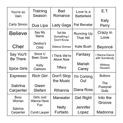 Queens of Pop Bingo Card