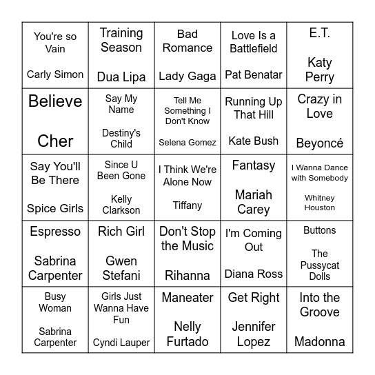 Queens of Pop Bingo Card