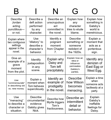 The Great Gatsby Vocabulary Review Bingo Card