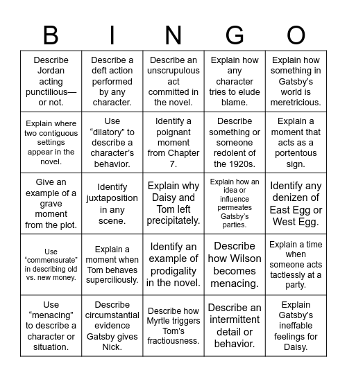 The Great Gatsby Vocabulary Review Bingo Card