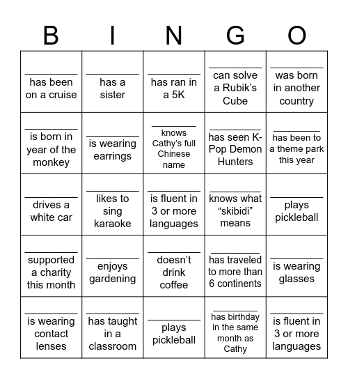 Match names to clues; use each once. 5 in a row = BINGO, wins raffle. Bonus: first blackout! Bingo Card