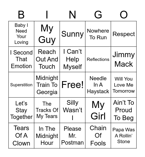 Motown Hits Bingo Card