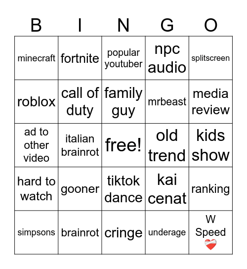 yt shorts Bingo Card