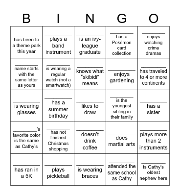 Find people who fit the clues, using each name once. Get 5 in a row to win BINGO and a raffle entry. Bonus: first full blackout wins! Bingo Card