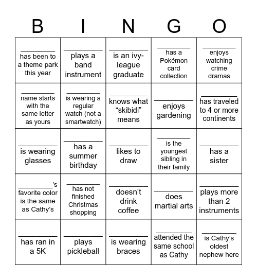 Find people who fit the clues, using each name once. Get 5 in a row to win BINGO and a raffle entry. Bonus: first full blackout wins! Bingo Card