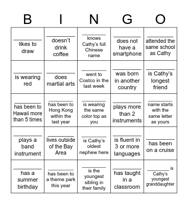 Find people who fit the clues, using each name once. Get 5 in a row to win BINGO and a raffle entry. Bonus: first full blackout wins! Bingo Card