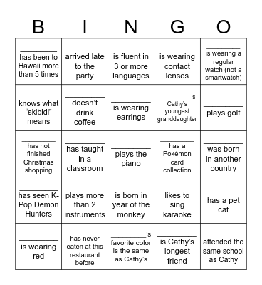 Find people who fit the clues, using each name once. Get 5 in a row to win BINGO and a raffle entry. Bonus: first full blackout wins! Bingo Card