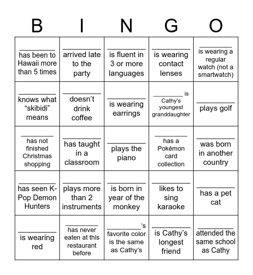 Find people who fit the clues, using each name once. Get 5 in a row to win BINGO and a raffle entry. Bonus: first full blackout wins! Bingo Card