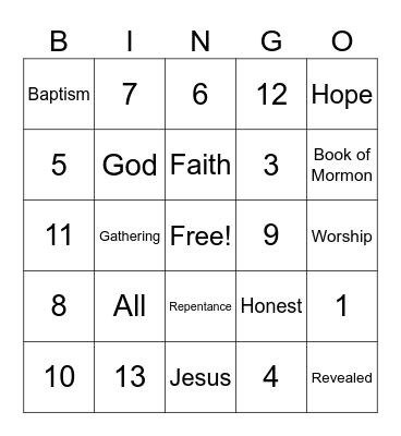 The Articles of Faith Bingo Card