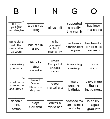 Find people who fit the clues, using each name once. Get 5 in a row to win BINGO and a raffle entry. Bonus: first full blackout wins! Bingo Card