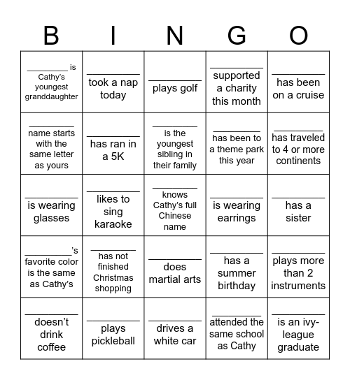 Find people who fit the clues, using each name once. Get 5 in a row to win BINGO and a raffle entry. Bonus: first full blackout wins! Bingo Card