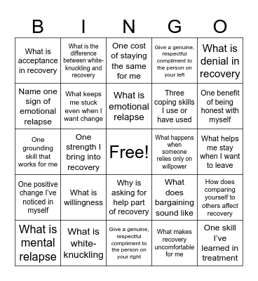 Recovery Bingo Card