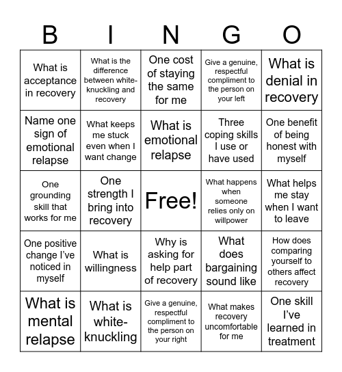 Recovery Bingo Card
