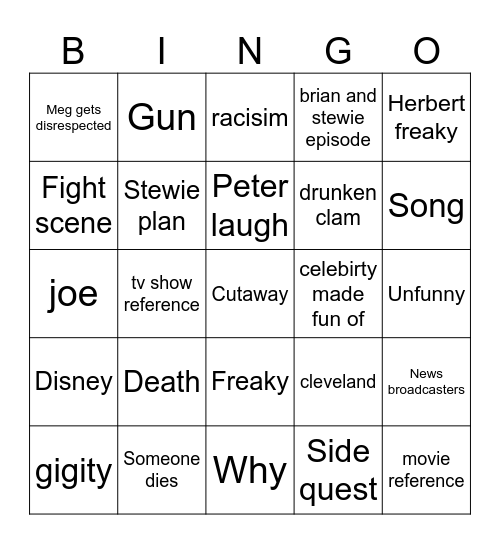 Family guy Bingo Card