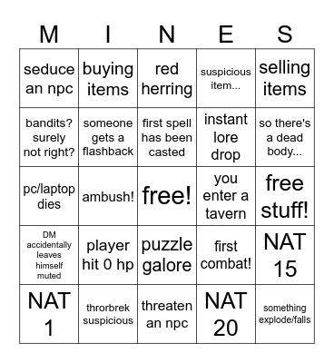 the lost mines of phandelver Bingo Card