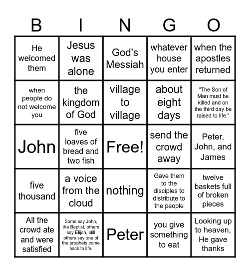 Luke Chapter 9:1-36 Bingo Card