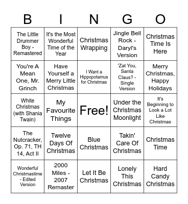 ITB Music Bino - Holiday Favourites Bingo Card