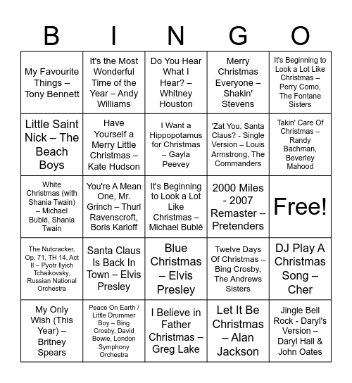 ITB Music Bino - Holiday Favourites Bingo Card