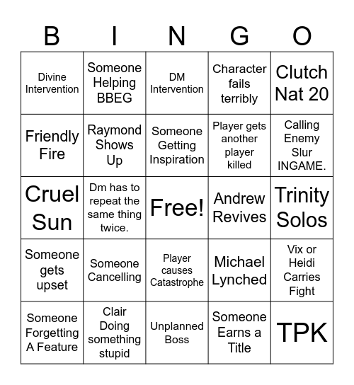 DND BINGO SHEET Bingo Card