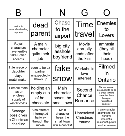 Christmas Hallmark Movie Bingo Card