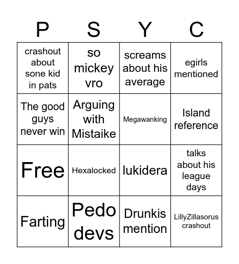 Psycho Bingo Card
