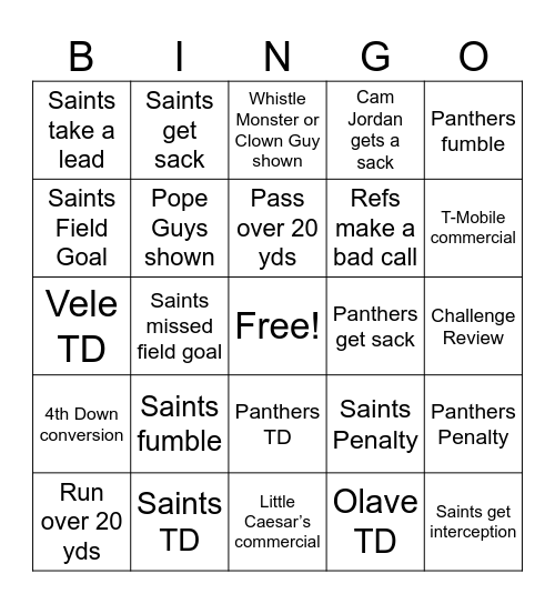 Saints Bingo Card