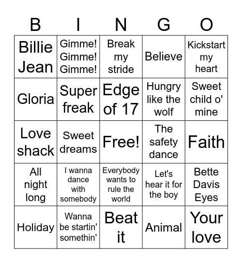 80's Music Bingo Card