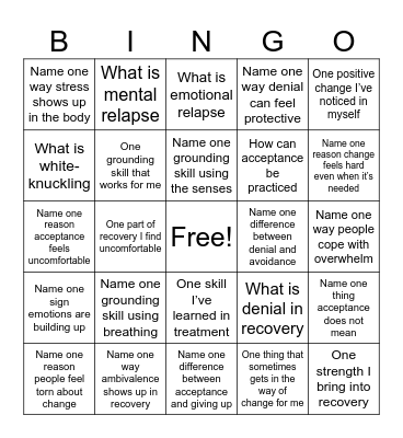 Recovery Bingo Card