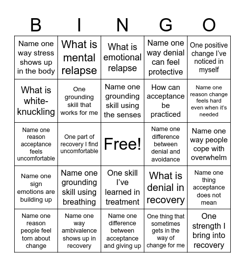 Recovery Bingo Card