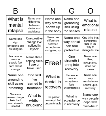 Recovery Bingo Card